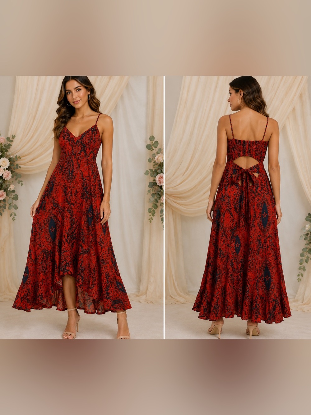 S-DEER Red Navy Paisley Open Back High Low Maxi Dress Size L NWT
